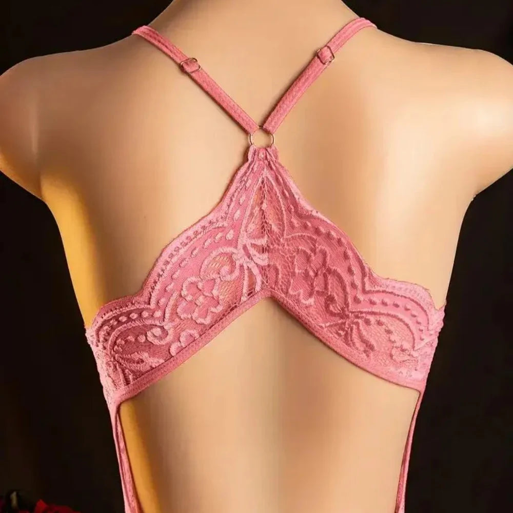 Crotchless Pink Lingerie Hollows Erotic Costumes Teddy Babydoll Dress Deep V Open Bra Porn Underwear