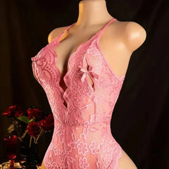 Crotchless Pink Lingerie Hollows Erotic Costumes Teddy Babydoll Dress Deep V Open Bra Porn Underwear