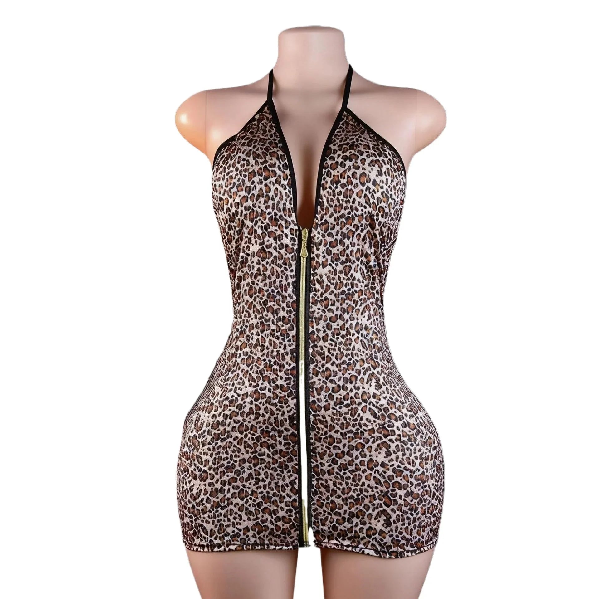 Deep V Zipper Flirting Skinny Underwear Teddy Halter Backless Cross Strap Hollow Out Mesh Leopard Lingerie Sets