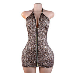 Deep V Zipper Flirting Skinny Underwear Teddy Halter Backless Cross Strap Hollow Out Mesh Leopard Lingerie Sets