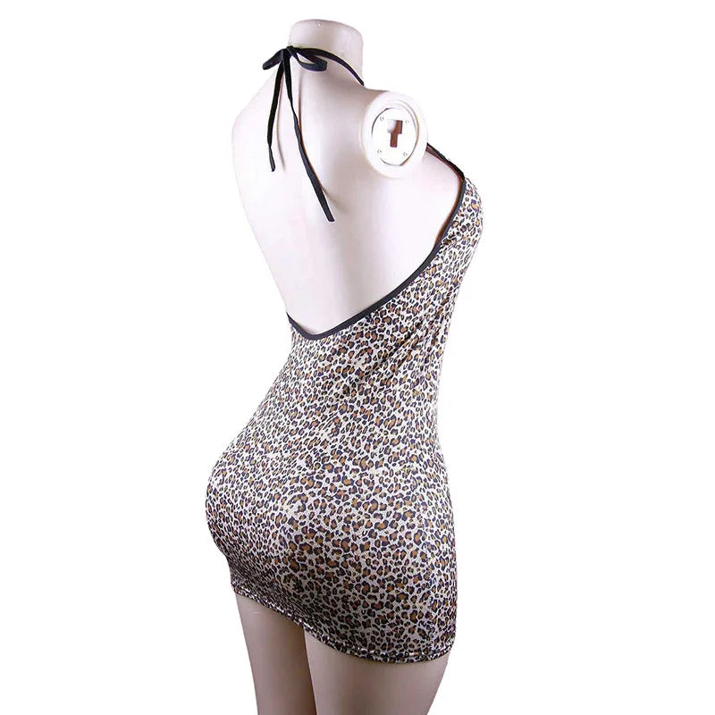 Deep V Zipper Flirting Skinny Underwear Teddy Halter Backless Cross Strap Hollow Out Mesh Leopard Lingerie Sets