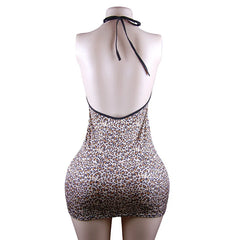 Deep V Zipper Flirting Skinny Underwear Teddy Halter Backless Cross Strap Hollow Out Mesh Leopard Lingerie Sets