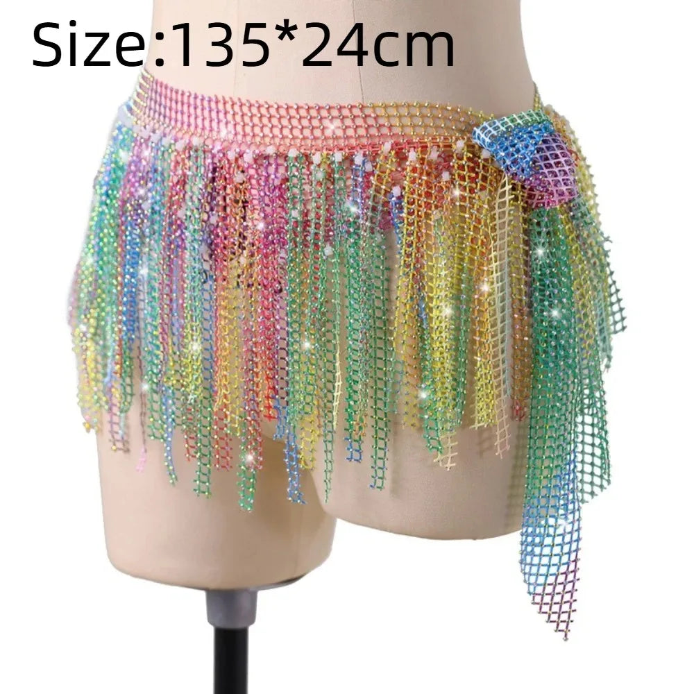 Diamond Shiny Belly Dance Waist Chain Multilayer Handmade Hip Scarf Skirts Triangle Tassel Dance Accessories Belly Dance