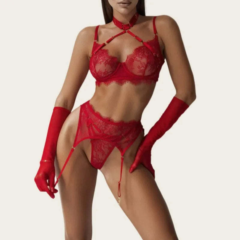 Elegant Embroidery Lace Lingerie Sets Seductive Halter Bra Thong Exotic Set with Leg Circles Underwear