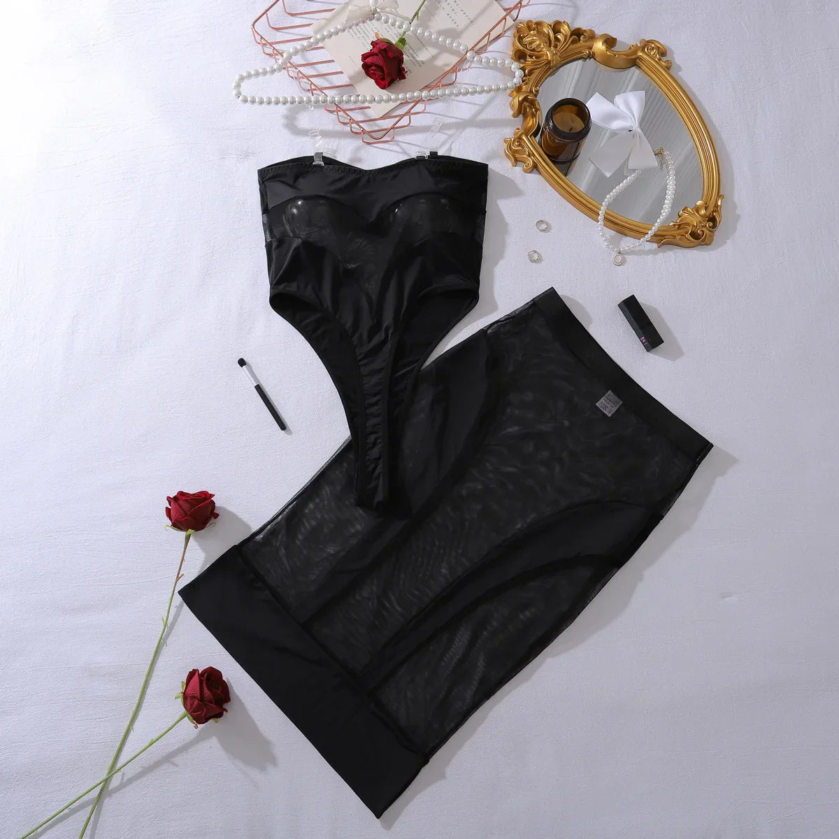 Elegant Lingerie See Through Mesh Half Dress 2PC Sets Seductive Splicing Party Queen Costumes Erotic Underwear