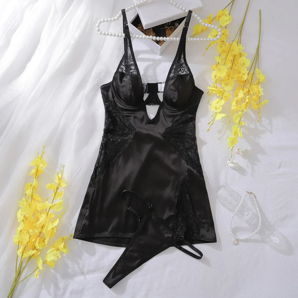 Elegant Lingerie Bridal Underwear Deep-V Neck Satin Dress Lace Patchwork Split Sissy Night Dress Slip Dress Silk Nightwear
