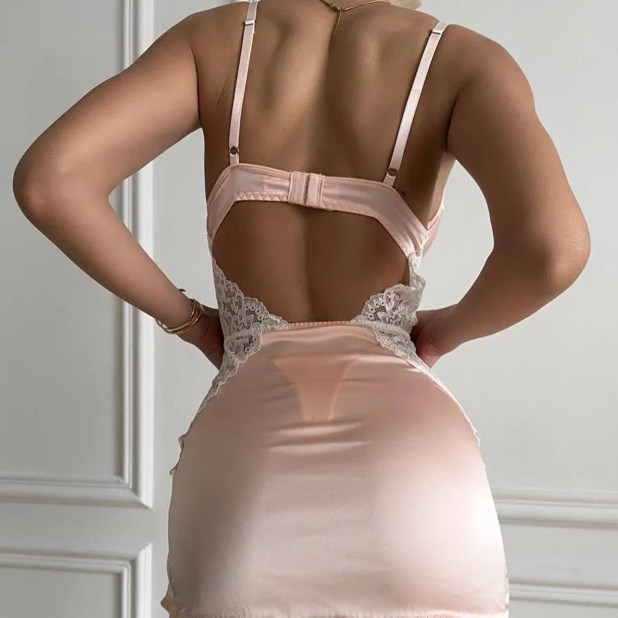 Elegant Lingerie Bridal Underwear Deep-V Neck Satin Dress Lace Patchwork Split Sissy Night Dress Slip Dress Silk Nightwear