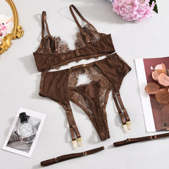 Elegant Lingeries Exclusive Coffee Bra Belt Thong 3PC with Leg Circles Cute Lace Tempted Tipsy Set