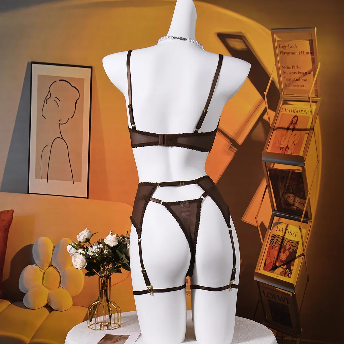 Elegant Lingeries Exclusive Coffee Bra Belt Thong 3PC with Leg Circles Cute Lace Tempted Tipsy Set