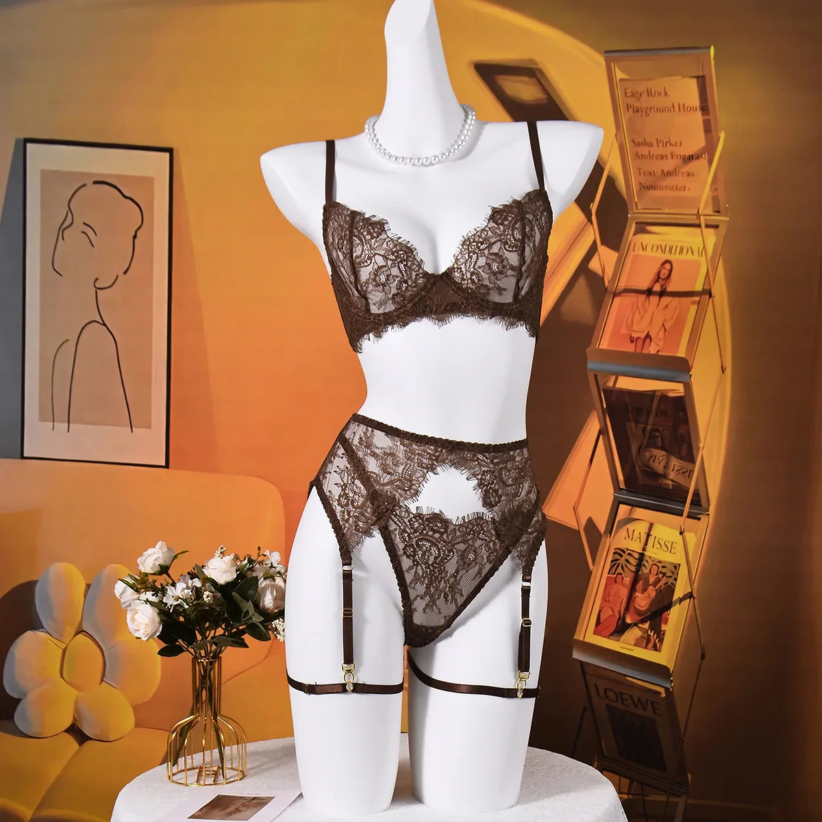 Elegant Lingeries Exclusive Coffee Bra Belt Thong 3PC with Leg Circles Cute Lace Tempted Tipsy Set