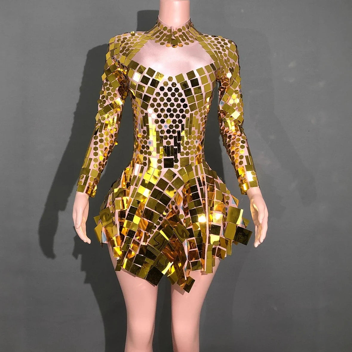 Elegant Sequin Long Sleeve Short Dress Shiny Stage Outfit Premium Performance