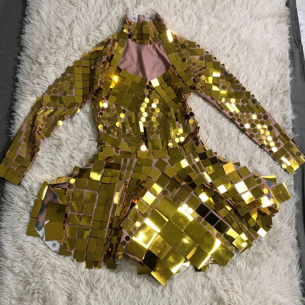 Elegant Sequin Long Sleeve Short Dress Shiny Stage Outfit Premium Performance