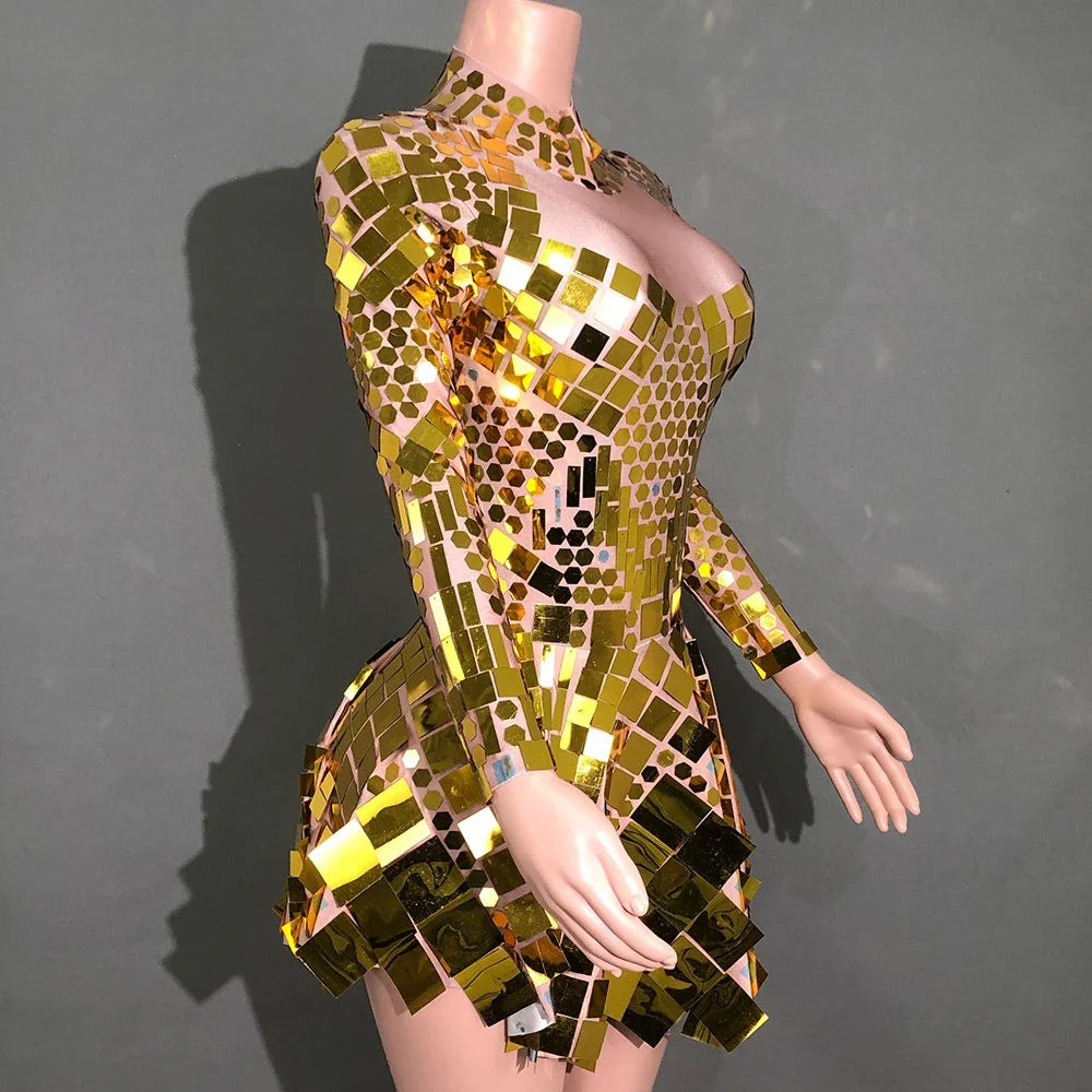 Elegant Sequin Long Sleeve Short Dress Shiny Stage Outfit Premium Performance