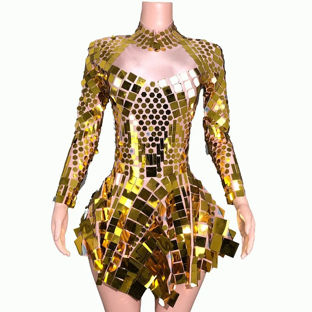 Elegant Sequin Long Sleeve Short Dress Shiny Stage Outfit Premium Performance