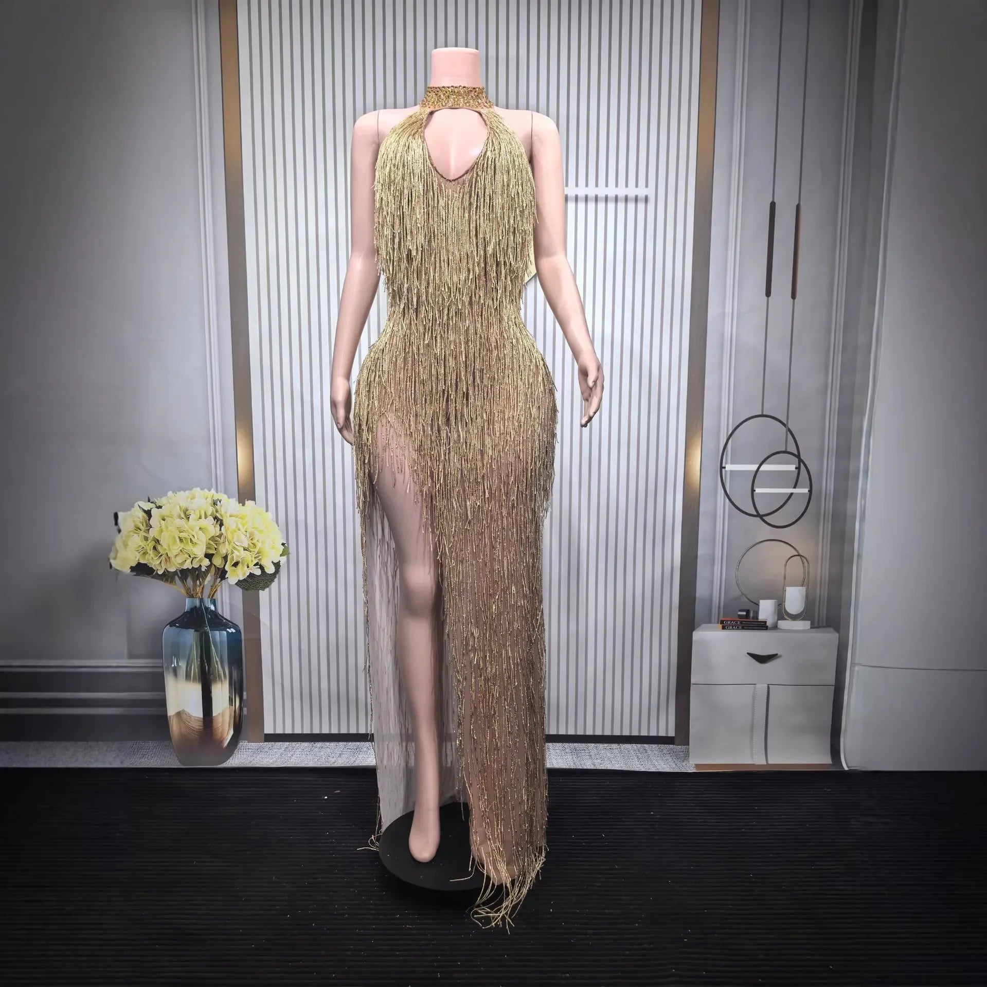 Elegant Shiny Tassel Long Sleeve Performance Dress Night Club Outfit Long Slim Halter Neck Evening Dress