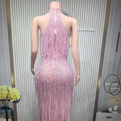 Elegant Shiny Tassel Long Sleeve Performance Dress Night Club Outfit Long Slim Halter Neck Evening Dress