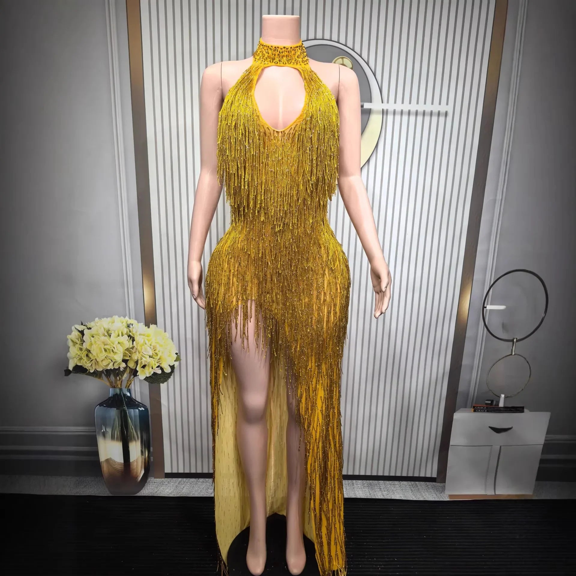 Elegant Shiny Tassel Long Sleeve Performance Dress Night Club Outfit Long Slim Halter Neck Evening Dress
