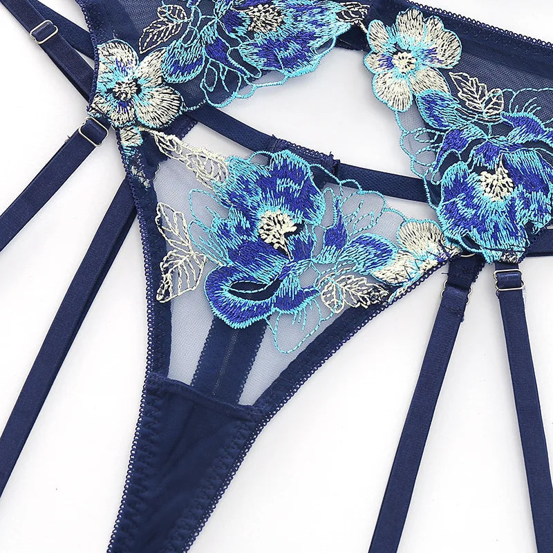 Embroidery Mesh Floral Hollow Out Interesting Underwears Slim Exposed Navel See-through Bra Sets