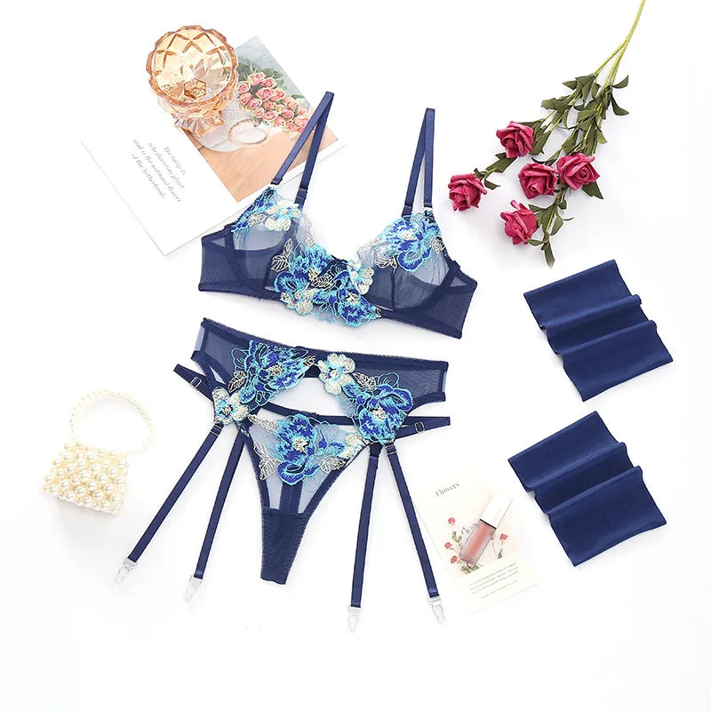 Embroidery Mesh Floral Hollow Out Interesting Underwears Slim Exposed Navel See-through Bra Sets