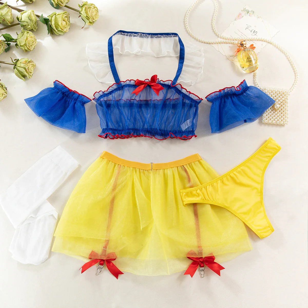 Erotic Cosplay Transparent Mesh Role Play Outfit Frill Trim Disguise Belt Exotic Sets