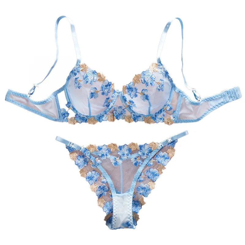 Erotic French Style Sweet Mesh Embroidery Lace Bra See Through Pures Underwear Seductive Lingerie Set