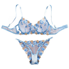 Erotic French Style Sweet Mesh Embroidery Lace Bra See Through Pures Underwear Seductive Lingerie Set