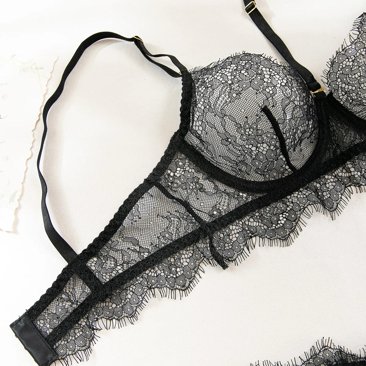 Erotic Lingerie Bra and Panties Set Basic Sheer Lace Eyelash Unlined One Layer Lace Thong