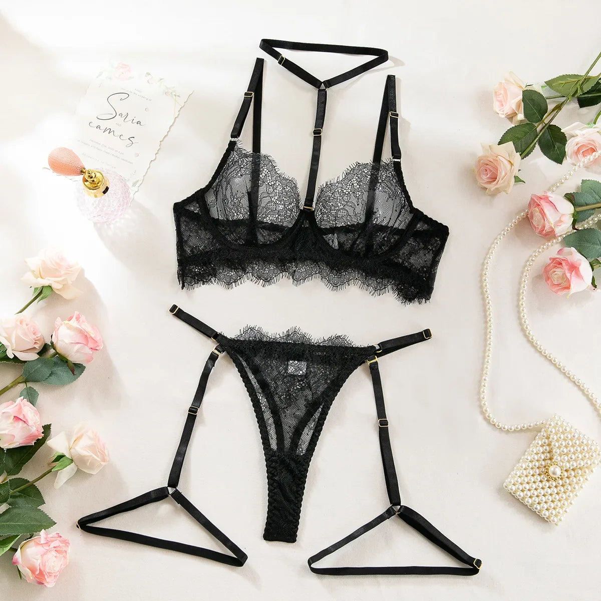 Erotic Lingerie Bra and Panties Set Basic Sheer Lace Eyelash Unlined One Layer Lace Thong
