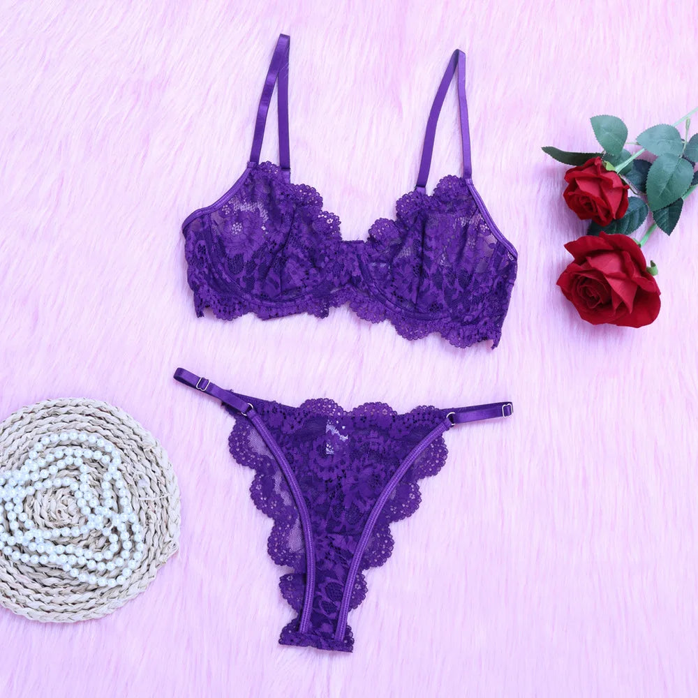 Erotic Lingerie Bra and Panties Set Basic Sheer Lace Unlined One Layer Lace Perspective