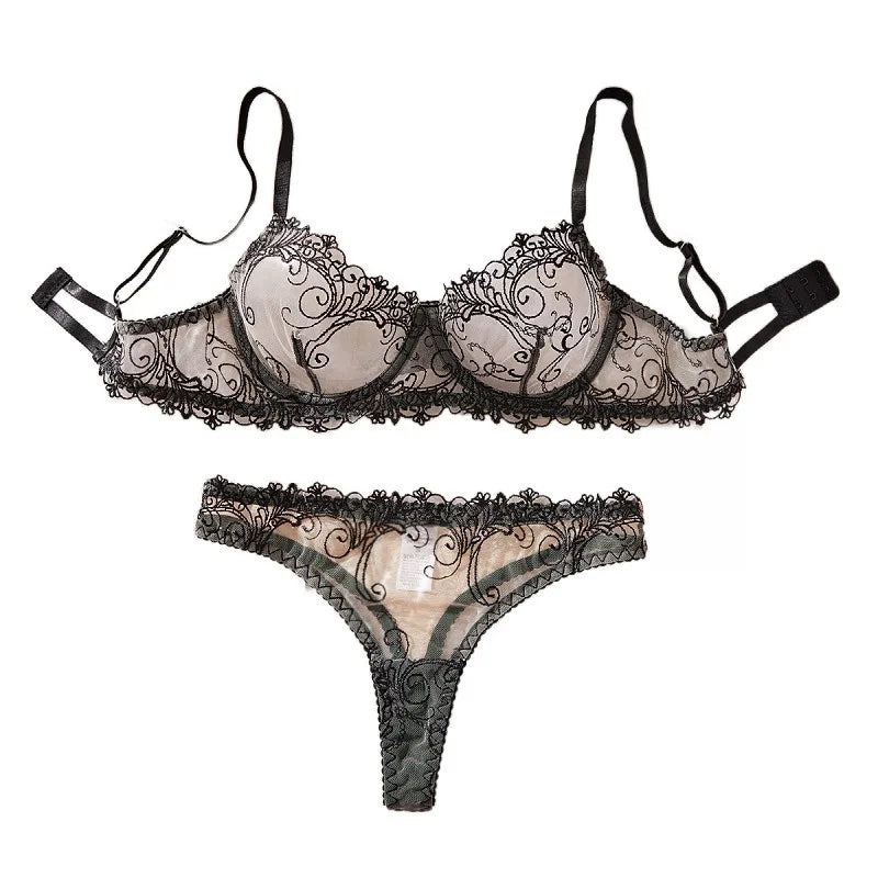Erotic Mesh Floral Embroidery Hollow Out See Through Bra Triangle Pantiess Seductive Underwear Clothing Lingerie Set