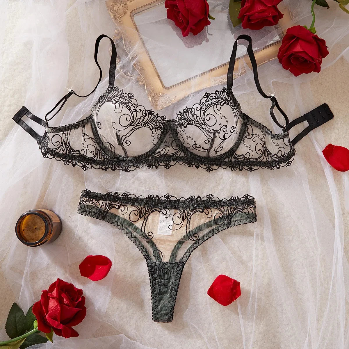 Erotic Mesh Floral Embroidery Hollow Out See Through Bra Triangle Pantiess Seductive Underwear Clothing Lingerie Set