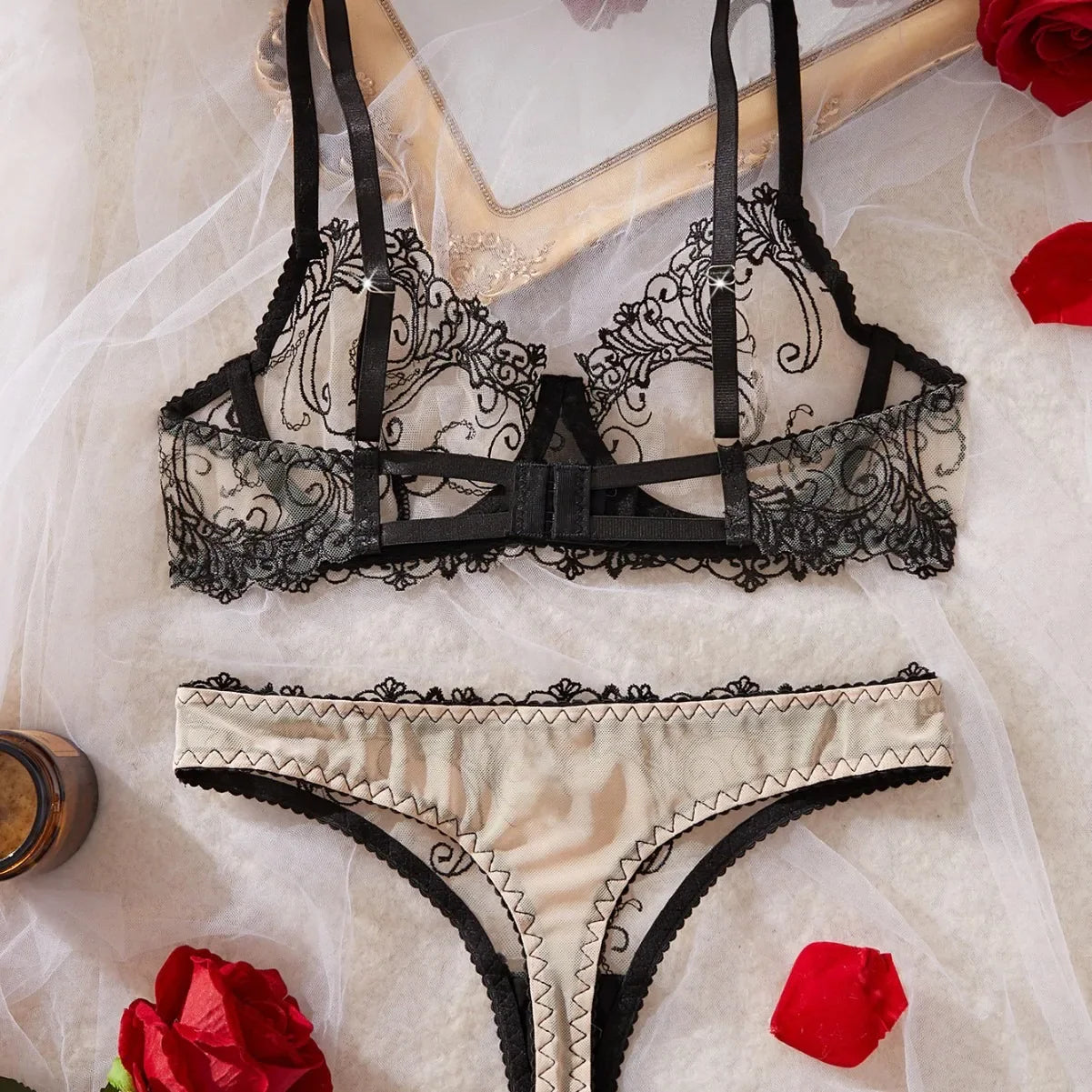 Erotic Mesh Floral Embroidery Hollow Out See Through Bra Triangle Pantiess Seductive Underwear Clothing Lingerie Set