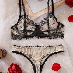 Erotic Mesh Floral Embroidery Hollow Out See Through Bra Triangle Pantiess Seductive Underwear Clothing Lingerie Set