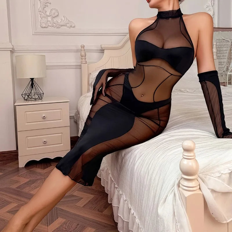 Erotic Lingerie Sets Perspective Mesh Long Dress Sensual Underwear 3-Pieces Set Cut Out Bra Thong Gloves Baby Dolls
