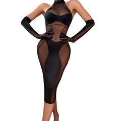 Erotic Lingerie Sets Perspective Mesh Long Dress Sensual Underwear 3-Pieces Set Cut Out Bra Thong Gloves Baby Dolls