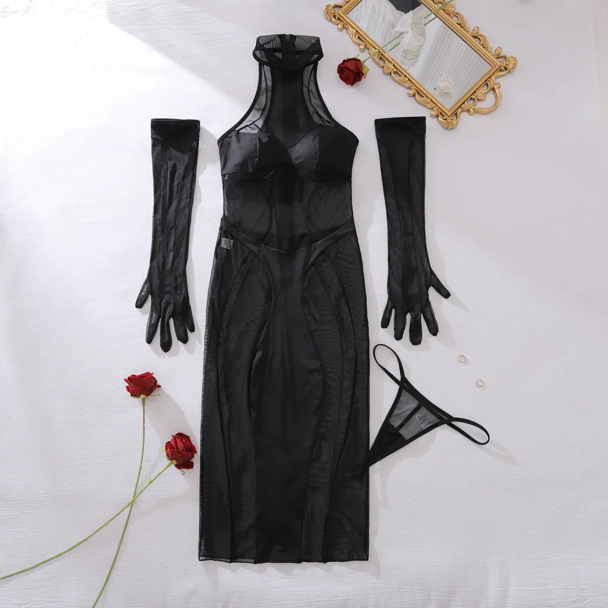 Erotic Lingerie Sets Perspective Mesh Long Dress Sensual Underwear 3-Pieces Set Cut Out Bra Thong Gloves Baby Dolls