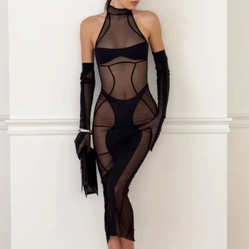 Erotic Lingerie Sets Perspective Mesh Long Dress Sensual Underwear 3-Pieces Set Cut Out Bra Thong Gloves Baby Dolls