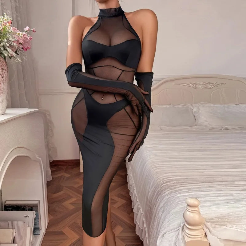Erotic Lingerie Sets Perspective Mesh Long Dress Sensual Underwear 3-Pieces Set Cut Out Bra Thong Gloves Baby Dolls