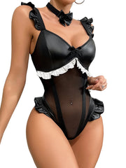 Erotic Western Faux Leather Bowknot Sensual Alluring Attractive Uniform Outfit Premium Erotic Costume