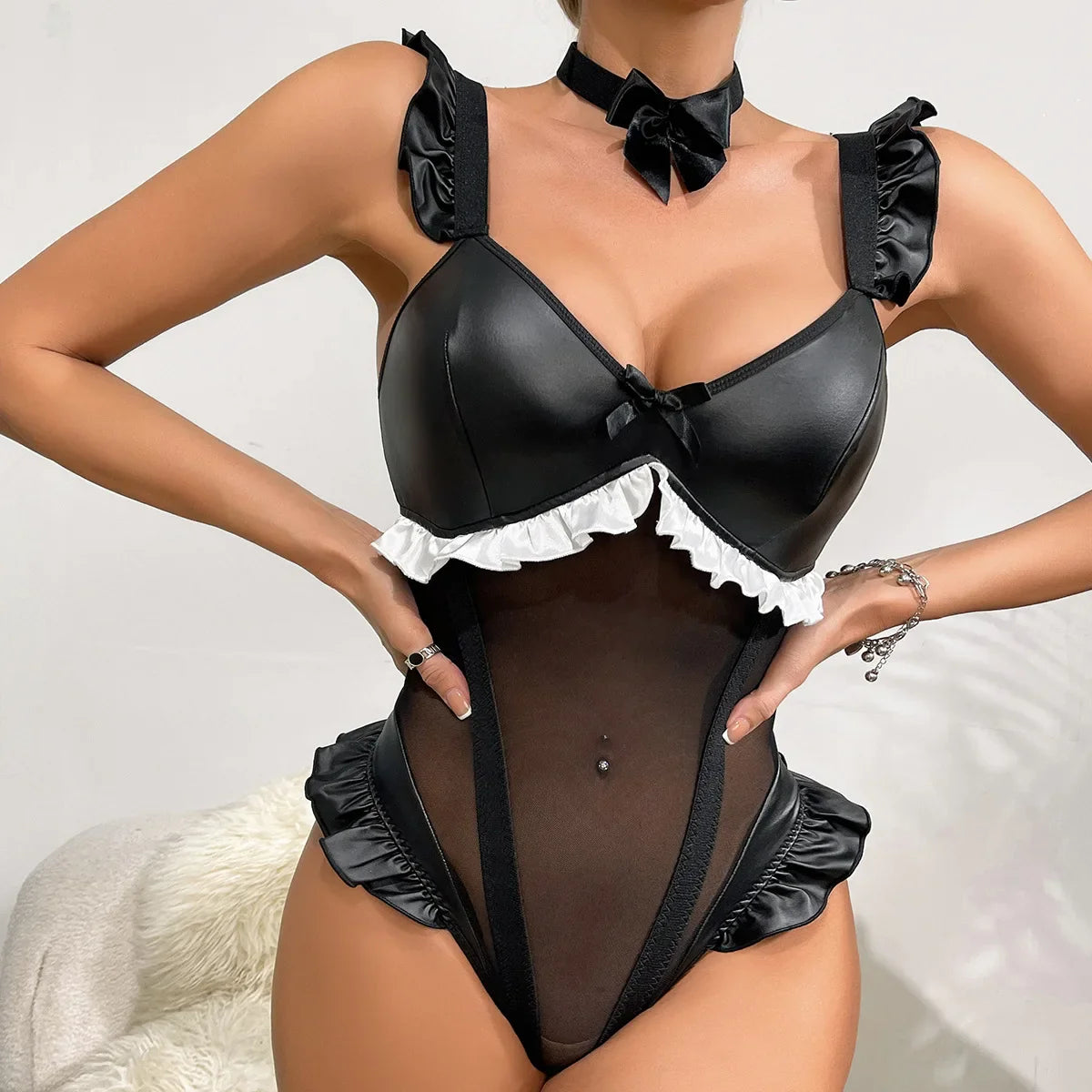 Erotic Western Faux Leather Bowknot Sensual Alluring Attractive Uniform Outfit Premium Erotic Costume