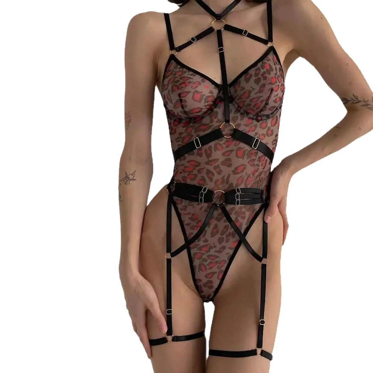 Erotics Western Plus Size Leopard Mesh Sensual Lace Up See Through Alluring Attractive Breathable Premium Erotic