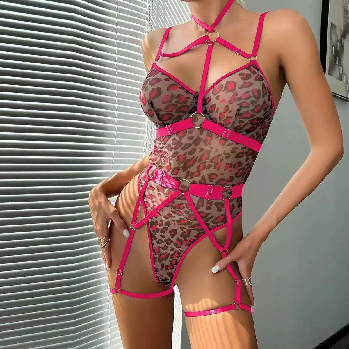 Erotics Western Plus Size Leopard Mesh Sensual Lace Up See Through Alluring Attractive Breathable Premium Erotic