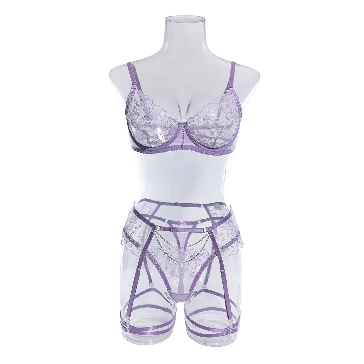 Erotics Western Style 3 Piece Set Floral Embroidery Sensual Chain Mesh Alluring Attractive Breathable Lingerie Set