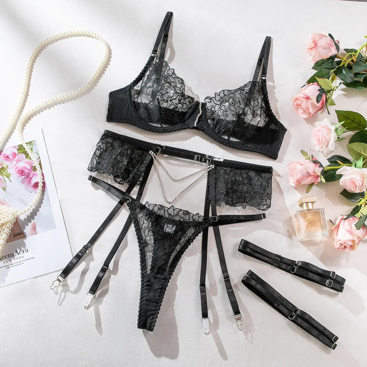Erotics Western Style 3 Piece Set Floral Embroidery Sensual Chain Mesh Alluring Attractive Breathable Lingerie Set
