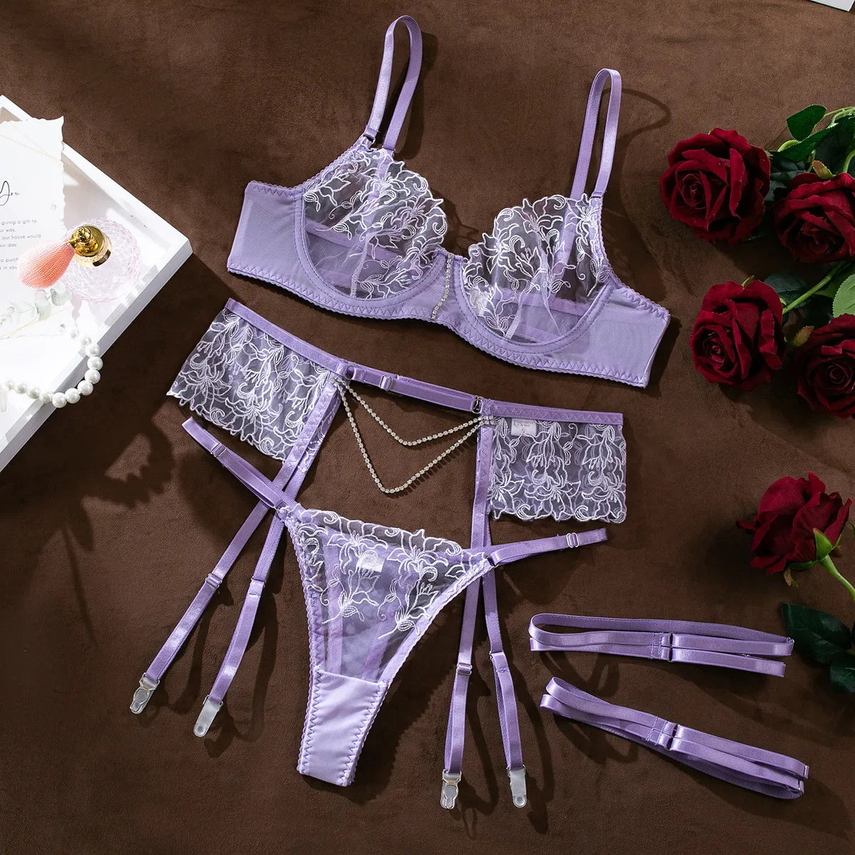 Erotics Western Style 3 Piece Set Floral Embroidery Sensual Chain Mesh Alluring Attractive Breathable Lingerie Set
