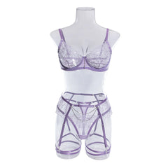 Erotics Western Style 3 Piece Set Floral Embroidery Sensual Chain Mesh Alluring Attractive Breathable Lingerie Set