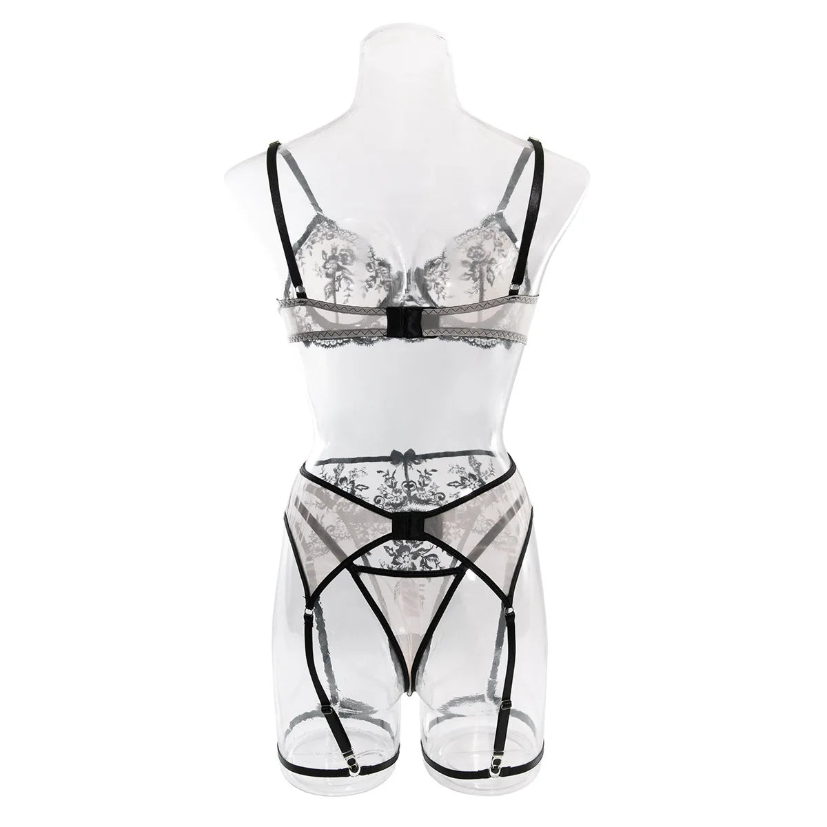 Erotics Western Style 3 Piece Set Floral Embroidery Sensual Hollow Out Alluring Mesh Attractive Lingerie Set