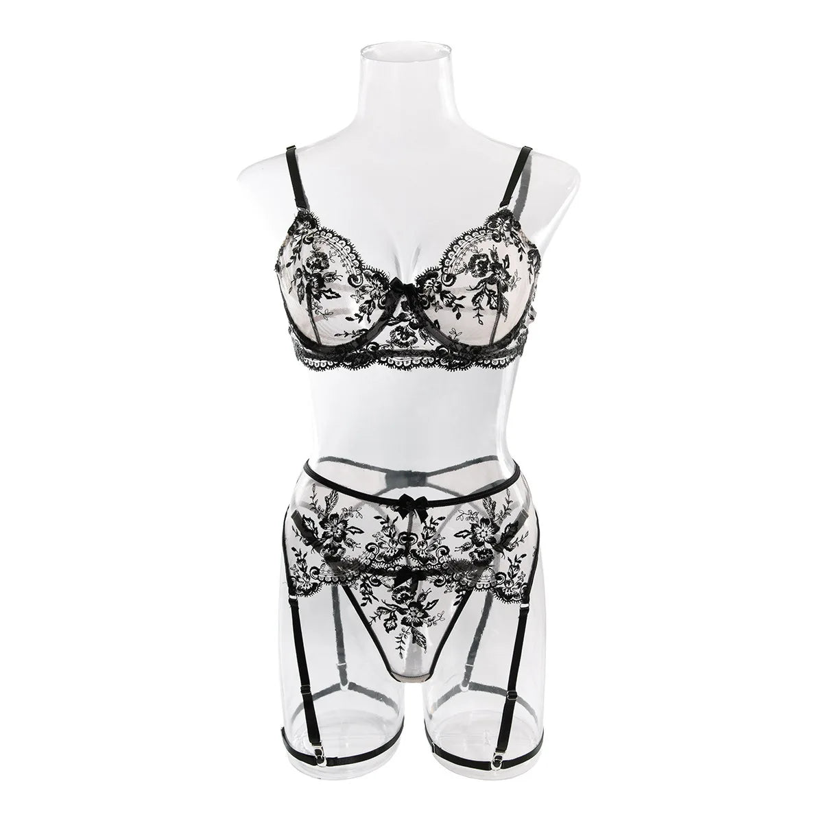 Erotics Western Style 3 Piece Set Floral Embroidery Sensual Hollow Out Alluring Mesh Attractive Lingerie Set