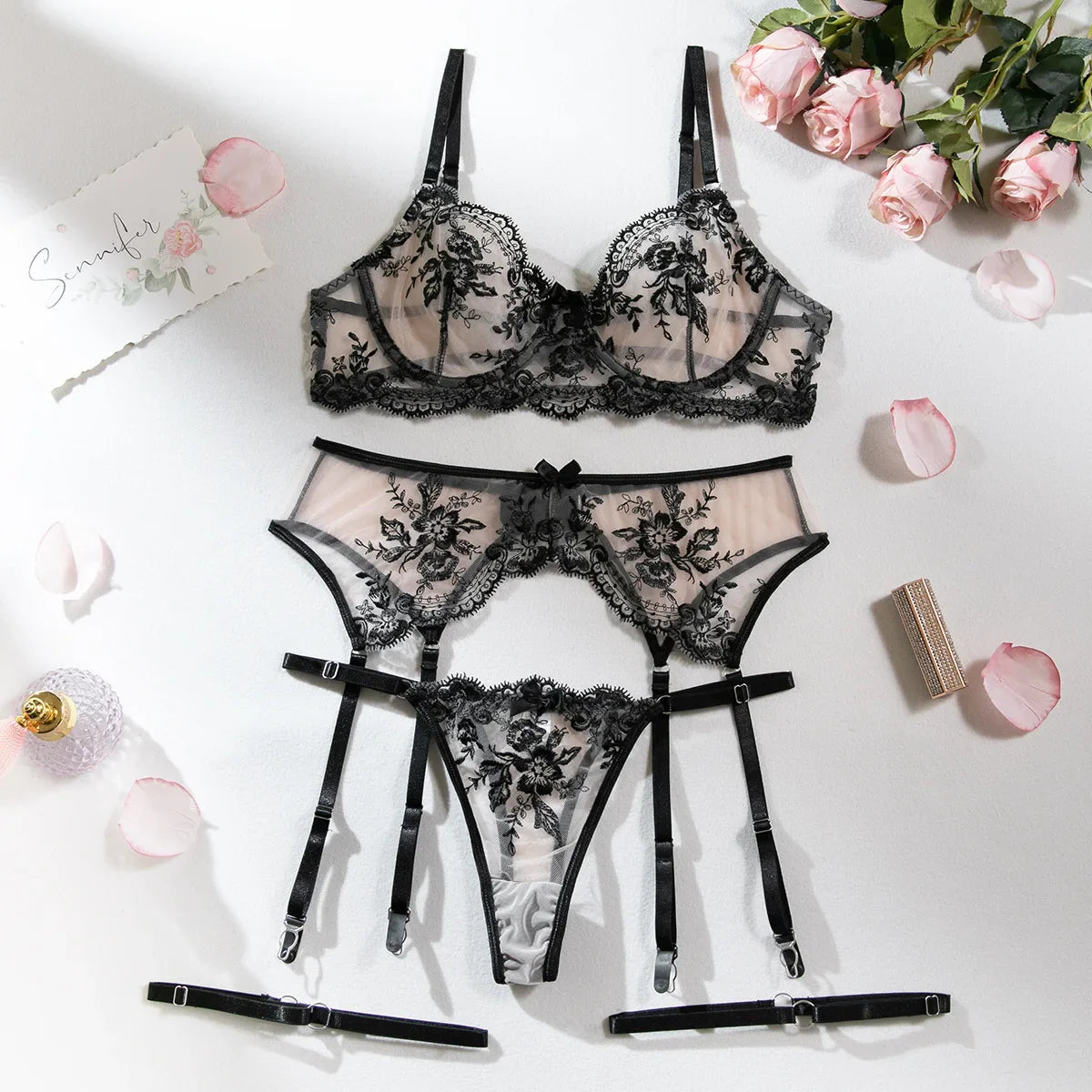 Erotics Western Style 3 Piece Set Floral Embroidery Sensual Hollow Out Alluring Mesh Attractive Lingerie Set