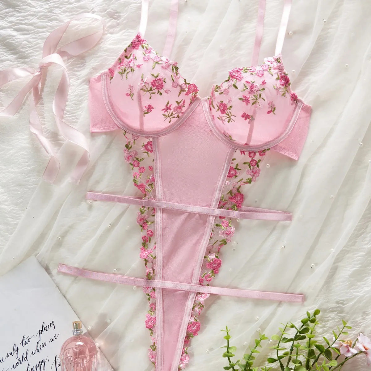 Erotics Western Style Pink Floral Embroidery Sensual Mesh Backless Alluring Attractive Breathable Premium Erotic